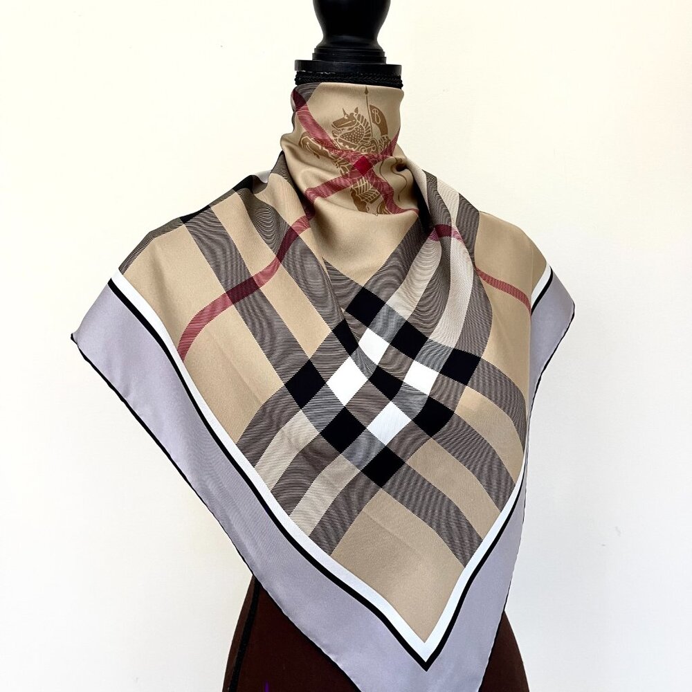 NWT Burberry Scarf Classic Beige Check Pattern Gray Border Silk Wrap
